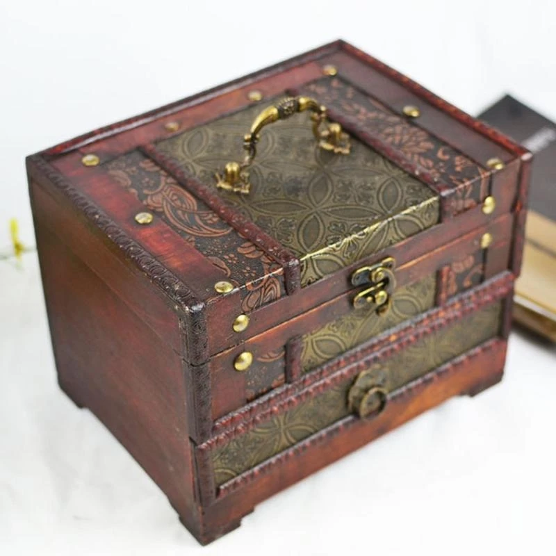 

Lockable Wooden Jewelry for Earring Necklace Chinese Trinket Box with Mirror Women Accessories Holder