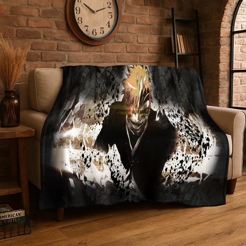 Retro Bleach Anime Kurosaki Ichigo Cartoon Flannel Blanket Soft Warm Throw Blanket for Bedroom Living Room Bed Travel Picnic