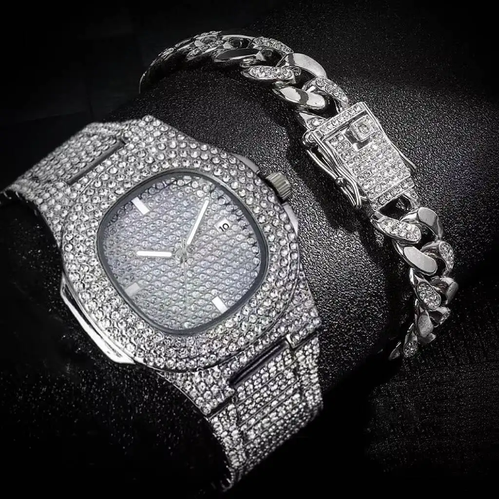 1/2/3PCS Fashion Hip Pop Men Calendar Watches Luxury Full Diamond Quartz Wristwatch Jewelry Set for Mens Clock