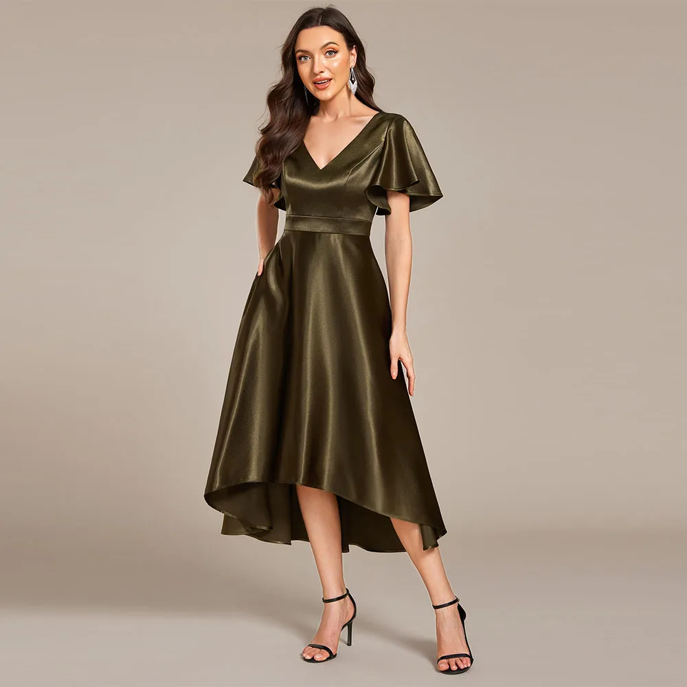 

Женские атласные платья для матери невесты с короткими рукавами и оборками, свадебное платье трапециевидной формы с ампирной талией и карманом, 2025 г.