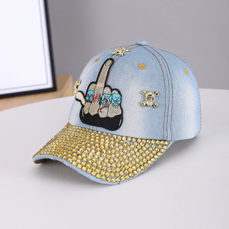 Unisex Punk Middle Finger Skull Denim Baseball Cap, Gold Rhinestone Studded Adjustable Dad Hat, Y2K Hip Hop Streetwear Sun Hat F