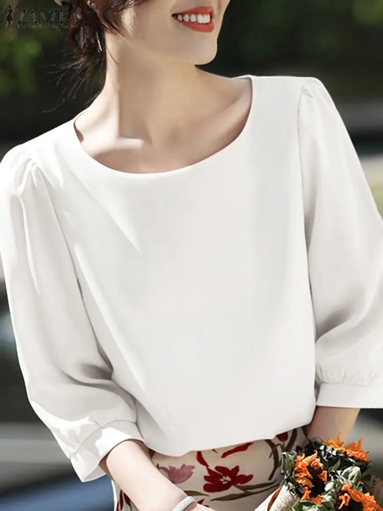 2023 ZANZEA Summer Women Elegant OL Work Blouse Fashion O Neck 3/4 Sleeve Shirt Casual Solid Tunic Tops Femininas Party Blusas