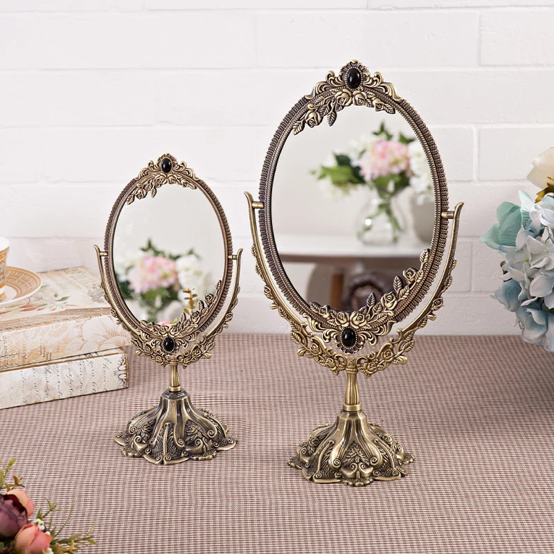 

European retro princess makeup mirror women's desktop desktop large metal high definition double-sided antique bronze mirror