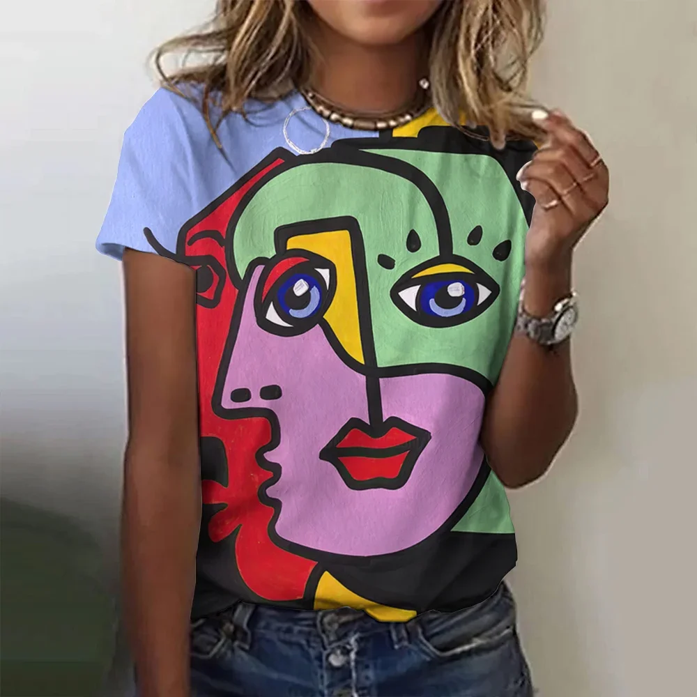 Camiseta con estampado de grafiti para mujer, Tops de manga corta con cuello redondo, Top de gran tamaño, ropa Y2k