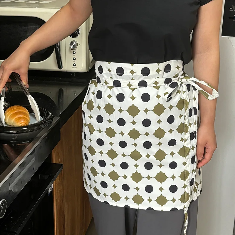 Print Short Waterproof Polyester Waist Apron with Oversleeve for Men Women Waiters Chef Kitchen Half Pinafore for Cooking Baking