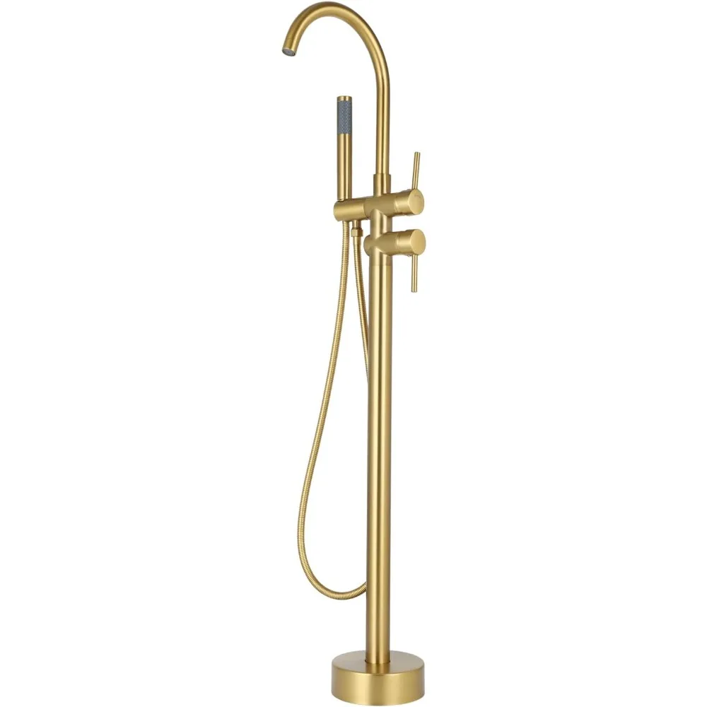 

Floor-Mounted Bathtub Faucet with High Flow Dual Function and 360-Degree Rotating Hose and Handheld Shower