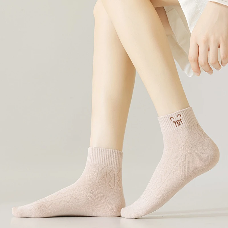 5 pares de meias de ursinho de pelúcia para mulheres primavera verão novo estilo respirável cor sólida dos desenhos animados bonito simples meias casuais