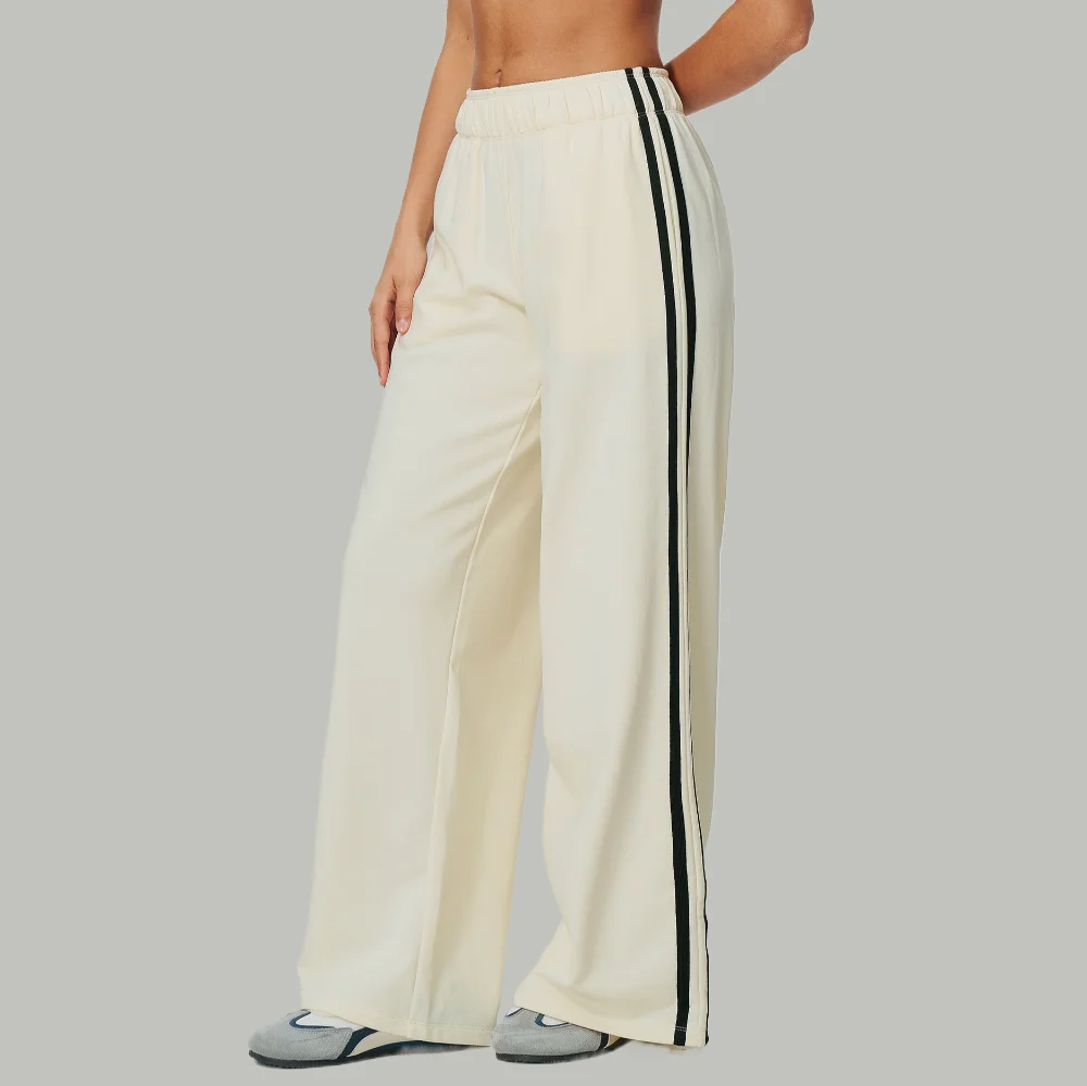 Women Wide Leg Yoga Pants Contrast Side Stripe Side Pockets Loose Drape Fitness Gym Workout Running Sportswear Athletic Trousers
