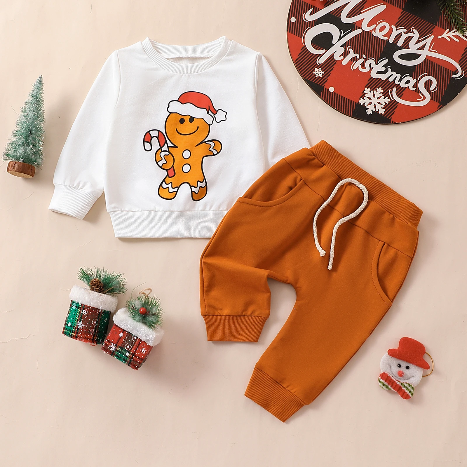 Christmas Gingerbread Man Pattern Long Sleeve Sweatshirt And Pants Set for Baby Boys Toddler Boys Holiday Outfit