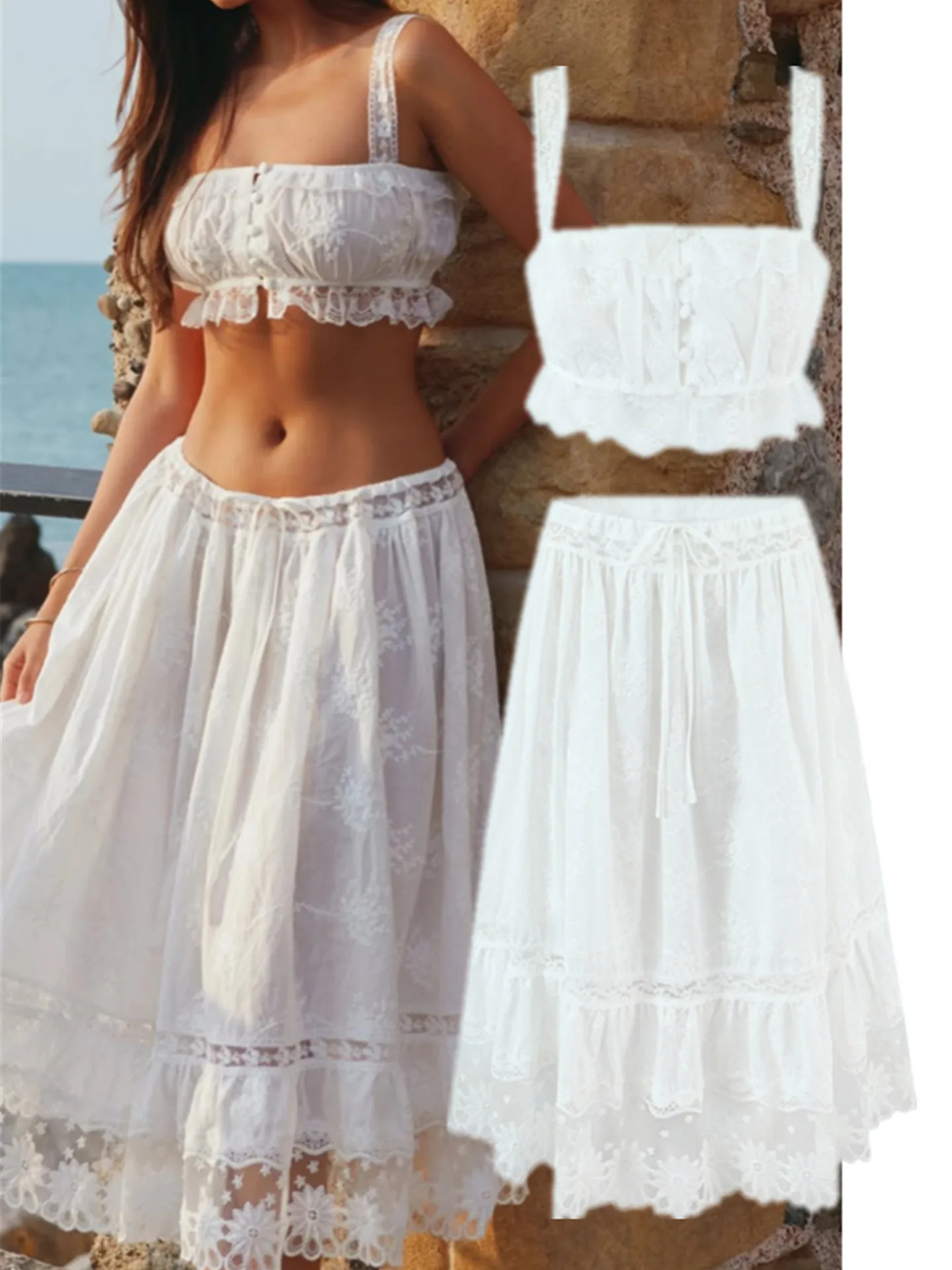 

Summer Vaion Sle Lace Patchwork Set Svel ort High Waist A-Line Skirt Dstring Cord Closure Square Collar