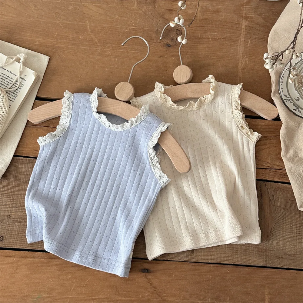 2026 Summer New Baby Girl Sweet Lace Sleeveless T Shirts Infant Cute Hollow Out Ribbed Tops Girls Cotton Vest Toddler Clothes