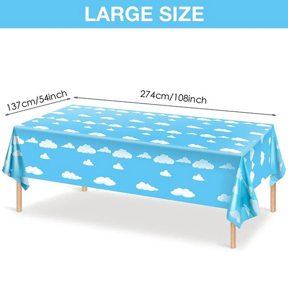 Toyss Inspired Birthday Party Story Tablecloth Cow Pattern Blue Sky and White Cloud Table Cover for Kids Baby Shower Decorations view 3