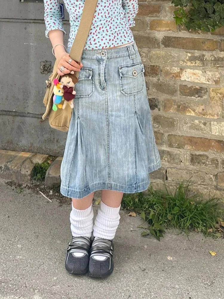 Women's Millennium Sexy Design f-length Skirt High Waist Midi Pure Color Skirt Retro American Waed Denim Skirt