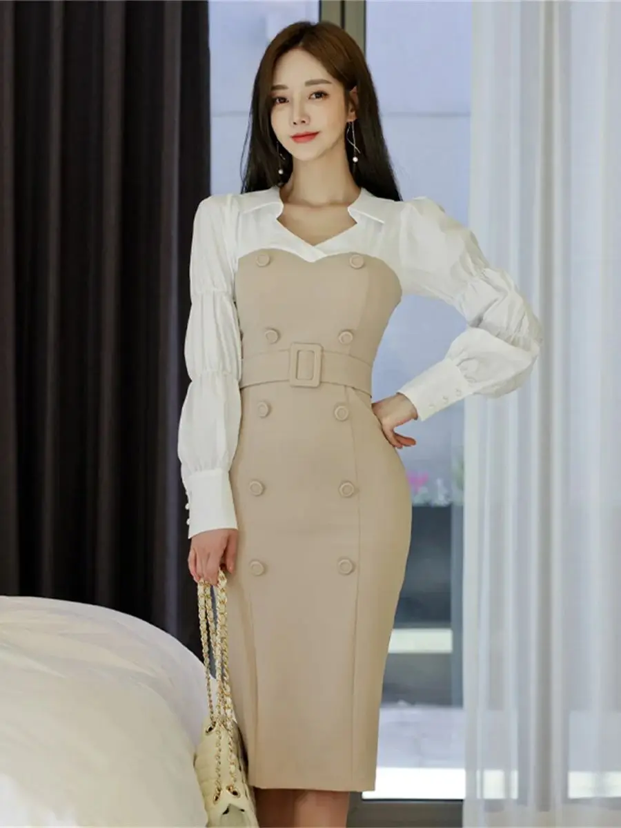 New Fashion Color Blocking Shirt Collar Slim Formal Occasions Dress for Women's V-neck Puff Sleeve Double-breasted OL Dress