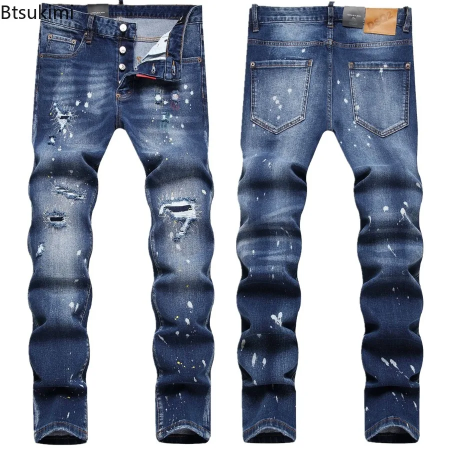 New Street Style Hip Hop Jeans Men's Ripped Holes Slim Stretch Straight Pencil Pants Trend Versatile Casual Denim Pants for Men