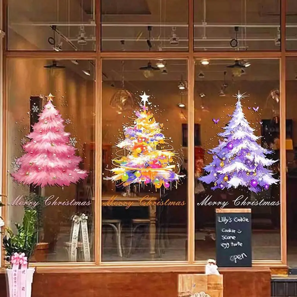 Holiday Glass Decals Christmas Window Stickers PVC Removable Christmas Tree Window Clings Reusable Static Cling