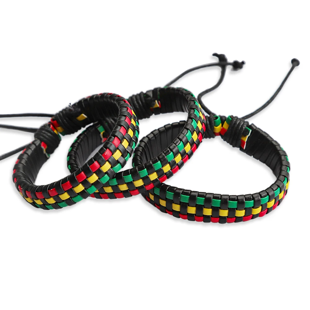 Wholesales 3 Pieces Imitate PU Leather Rasta Braided Bracelet Bangle Wristband Surfer Wrap For Men Women