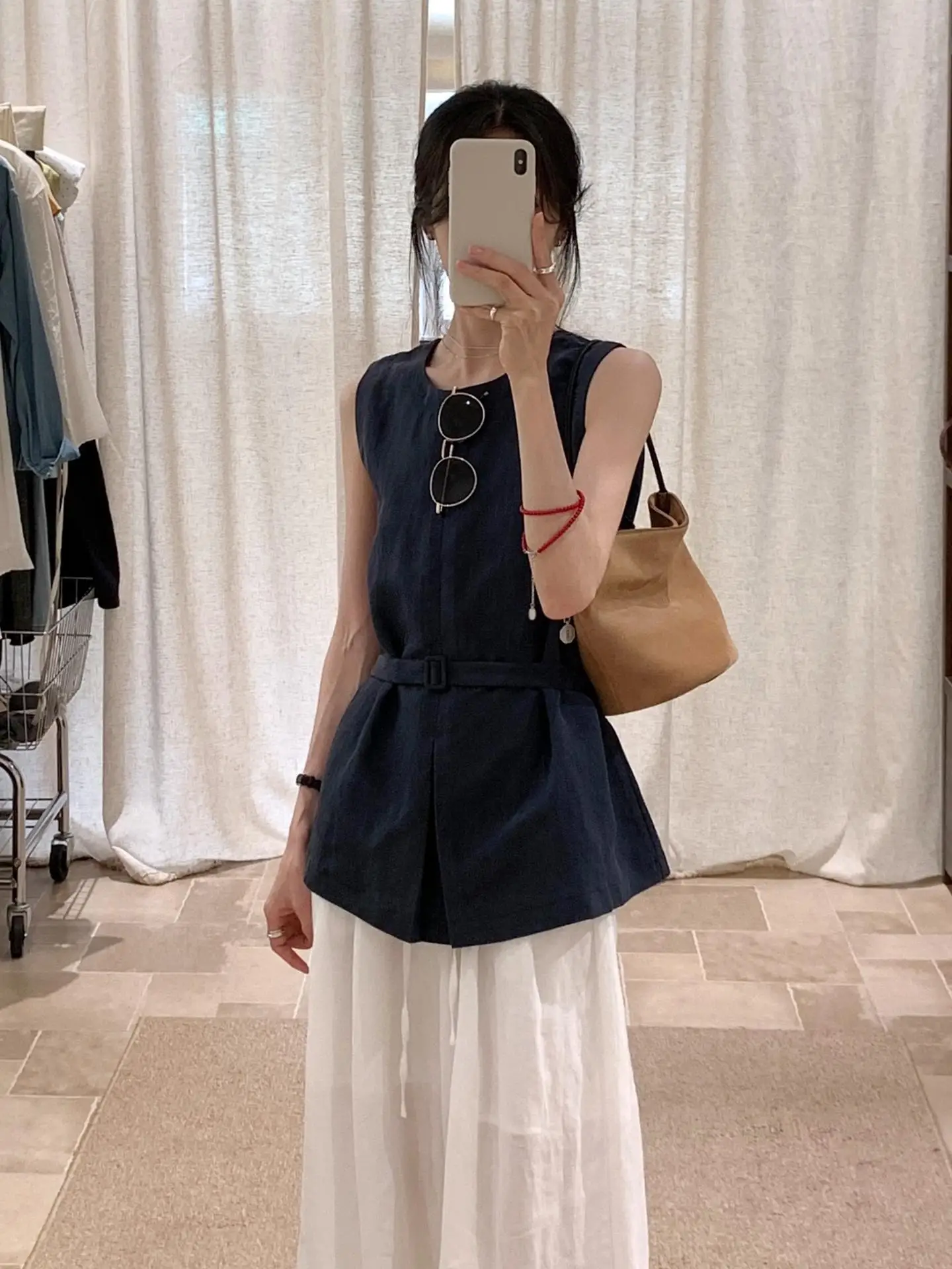 

Deep Blue Svel Belted Women's irt Korean Sle Slimming Design Summer 2025 Breathable Cotton Polyester round Ne