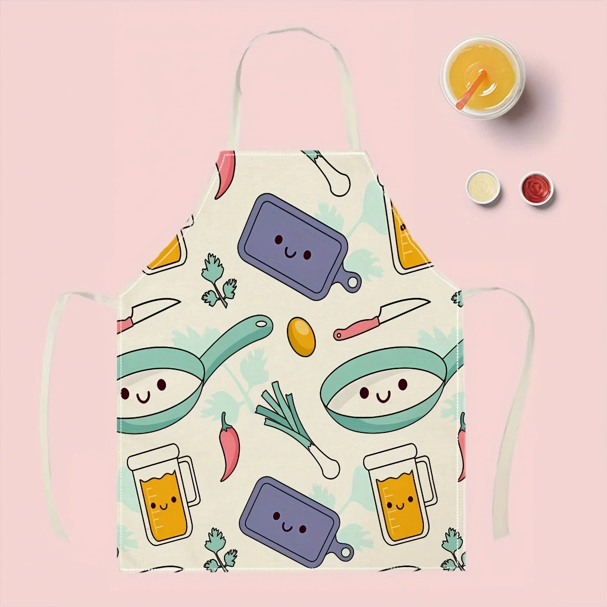 Cute Kawaii Kitchenware Apron, Cartoon Cooking Utensils Graphic Bib, Funny Food Pattern Home Decor, Gift for Baking Lover