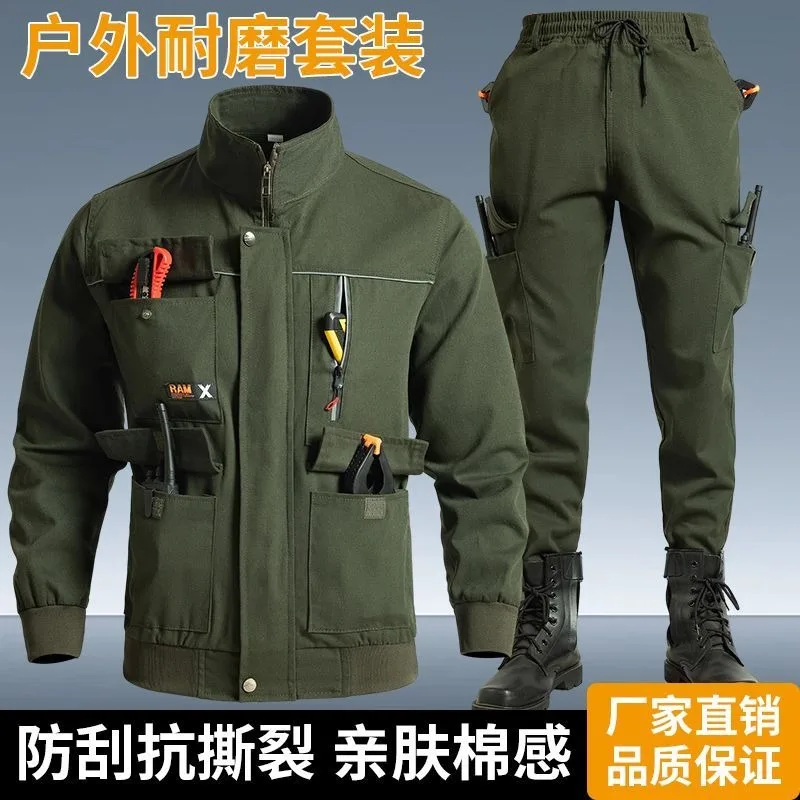 Men Army Green Elastic Waist Multi Pocket Cargo Pants Wear Resistant Welding Workshop Work Trousers