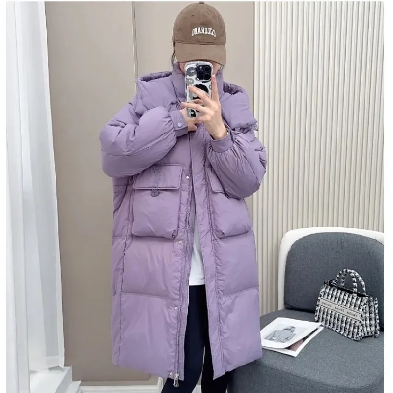 Jaqueta de comprimento médio para mulheres, outwear solto, capuz espesso, casaco fashion, versão inverno Parkas, novo, 2023