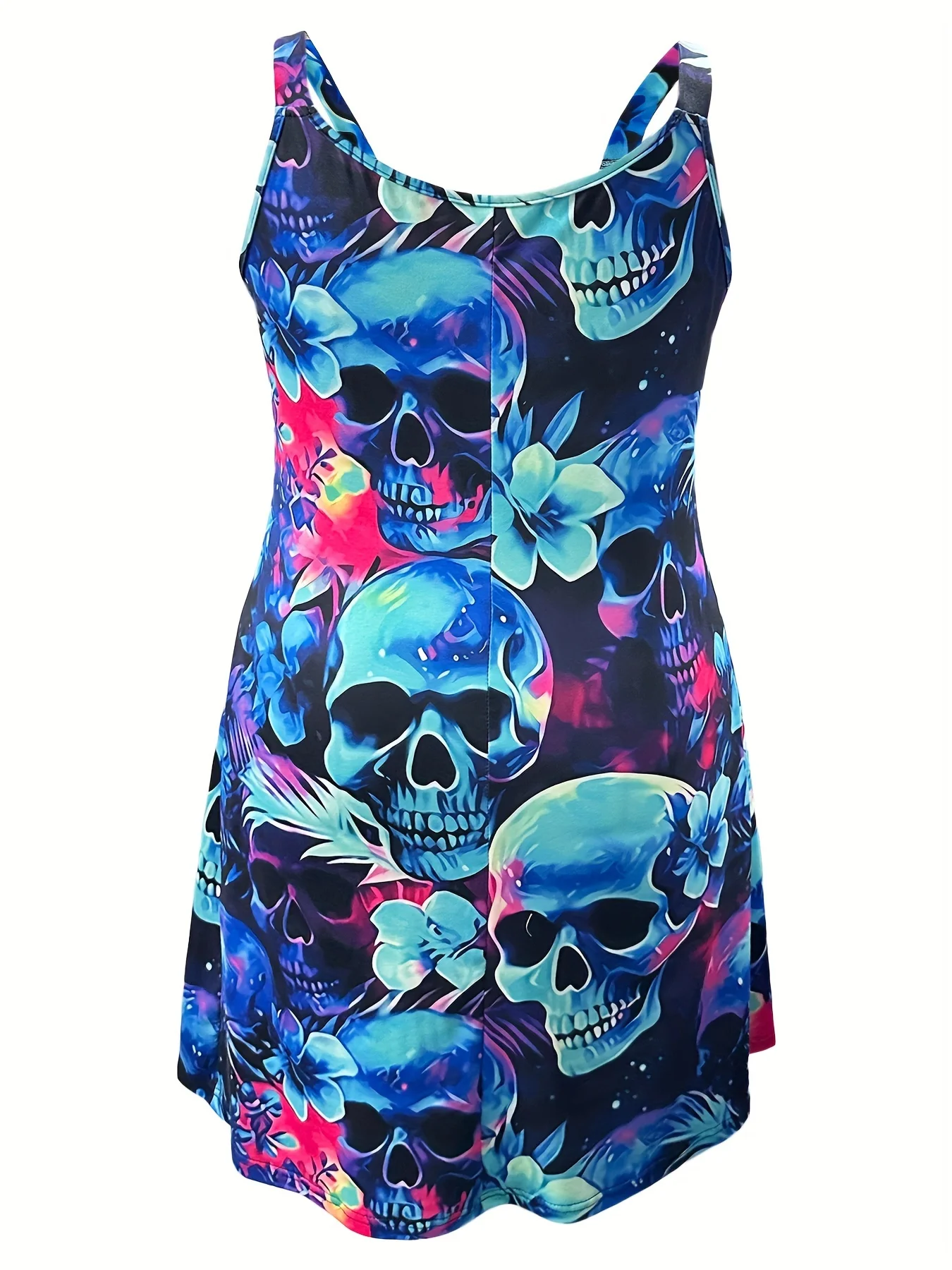 Plus size summer trendy women's casual and fashionable gothic print V-neck strap skull head short dress