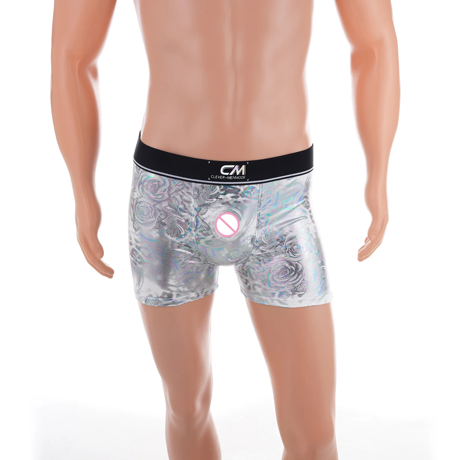 Shiny Rainbow Men Faux Leather Sexy Boxer Briefs Underwear Cock Hole Silicone Cockring Metallic PU Costume Underpants
