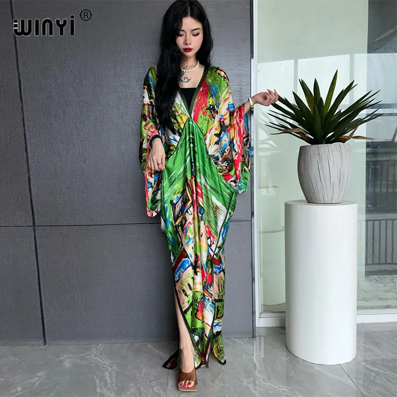 2023 WINYI Sexy Beach High-Quality Silk Feel Fashion Print Maxi Women's Robes Long V-Neck Bohemian Dress Party Evening Dress