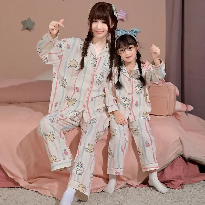 2pcs Chiikawa Pattern Pajamas Long Sleeve Top & Pants Set Cartoon Print Loungewear Casual Girl's Set Family Home Suit Two Sets