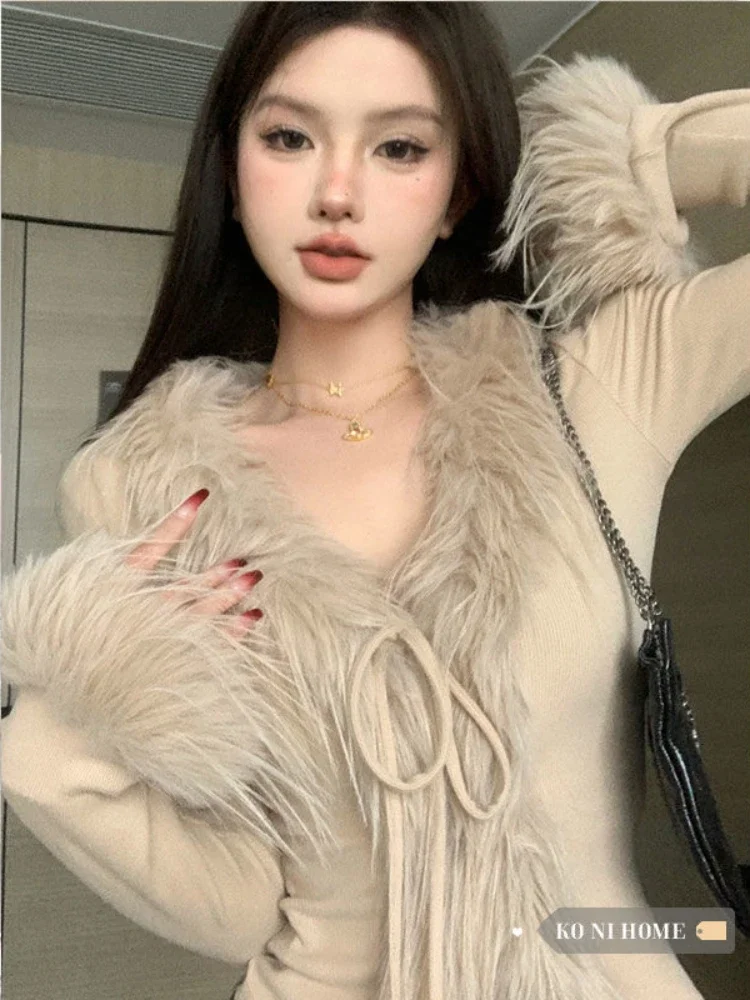 Elegant Sexy Slim Cropped Sweater Korean Fashion Solid Knitted Cardigan Women Y2K Vintage Luxury Lace Up Tops Old Money