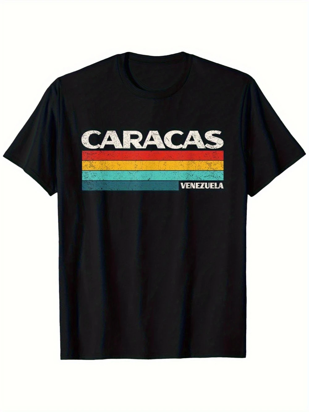 Men's Retro 70s Caracas Venezuela Pattern T-shirt with Letters and Venezuelan Flag Colors, Casual Retro 70s Style Clothing