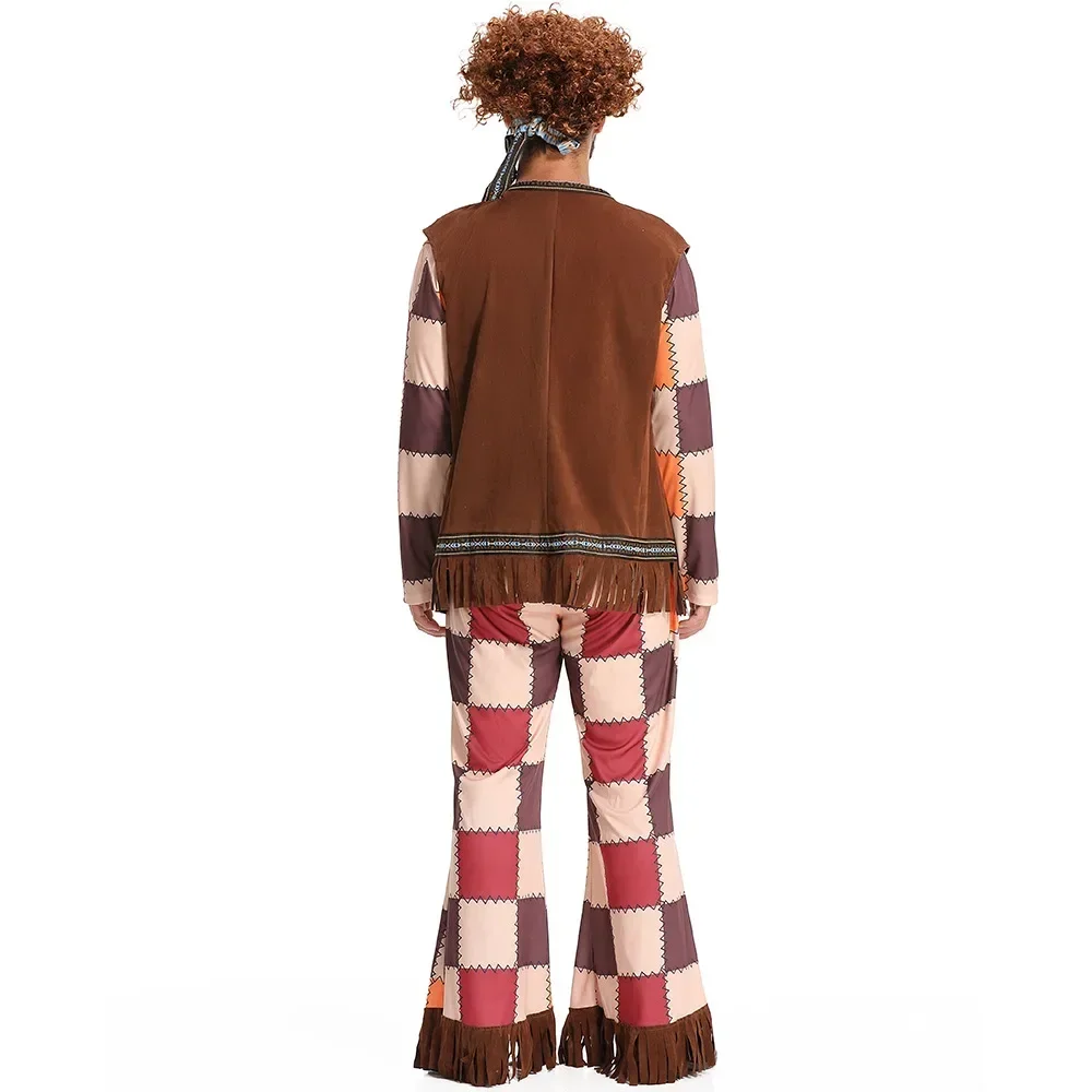 Kids 60s 70s Vintage Disco Outfits Adult Men Halloween Hippie Costume Fringe Vest Boho Flared Pants Carnival Party Outfits