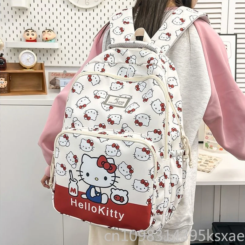  Hello Kitty White Nylon School Backpack Women Girls School Bag with Water Bottle Holder Lightweight Student Book Bag