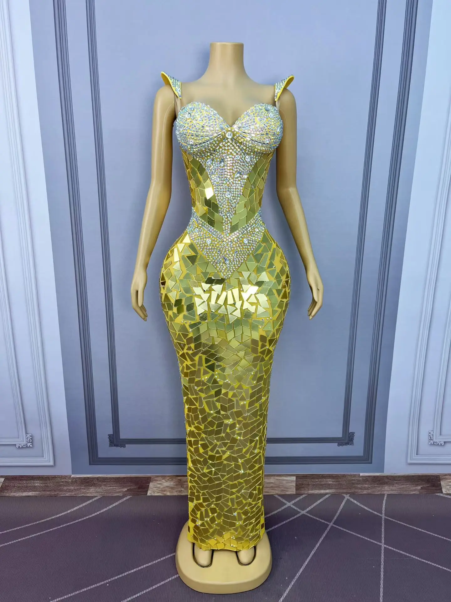 Sexy Red Gold Sparkly Rhinestones Mirrors Suspenders Dress Birthday Party Elegant Gowns Red carpet Show Photoshoot Stage Wear view 6