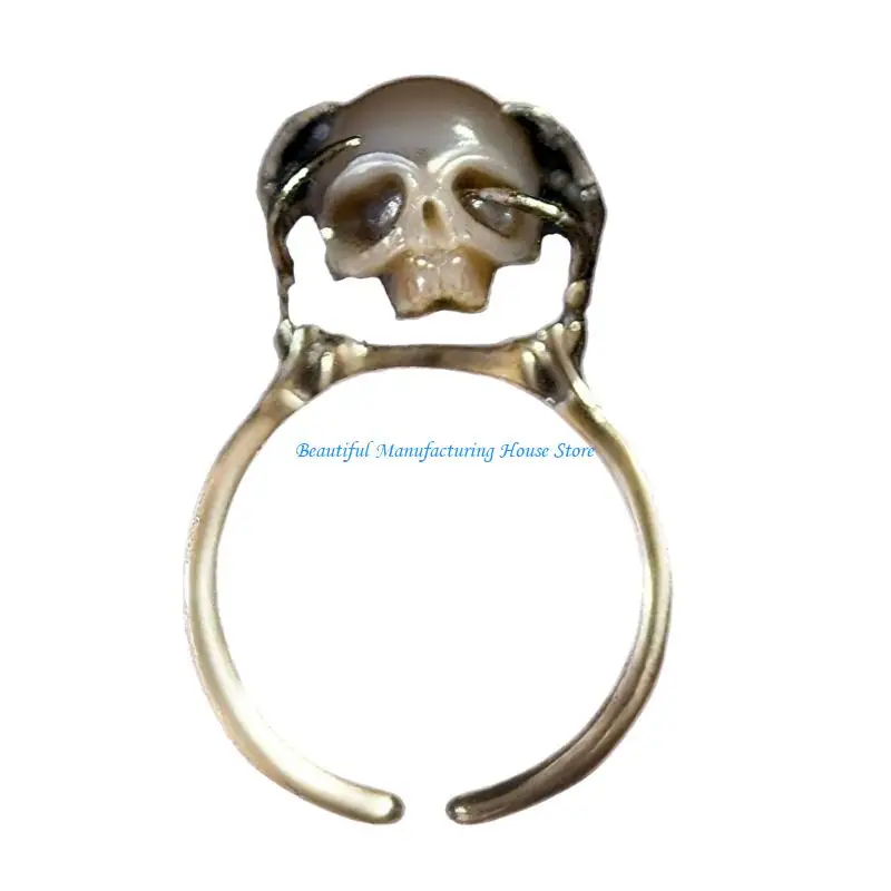 

E56A Retro Styles Skull Rings Adjustable Fit Pearls Alloy Vintage Inspire Handmade Designs