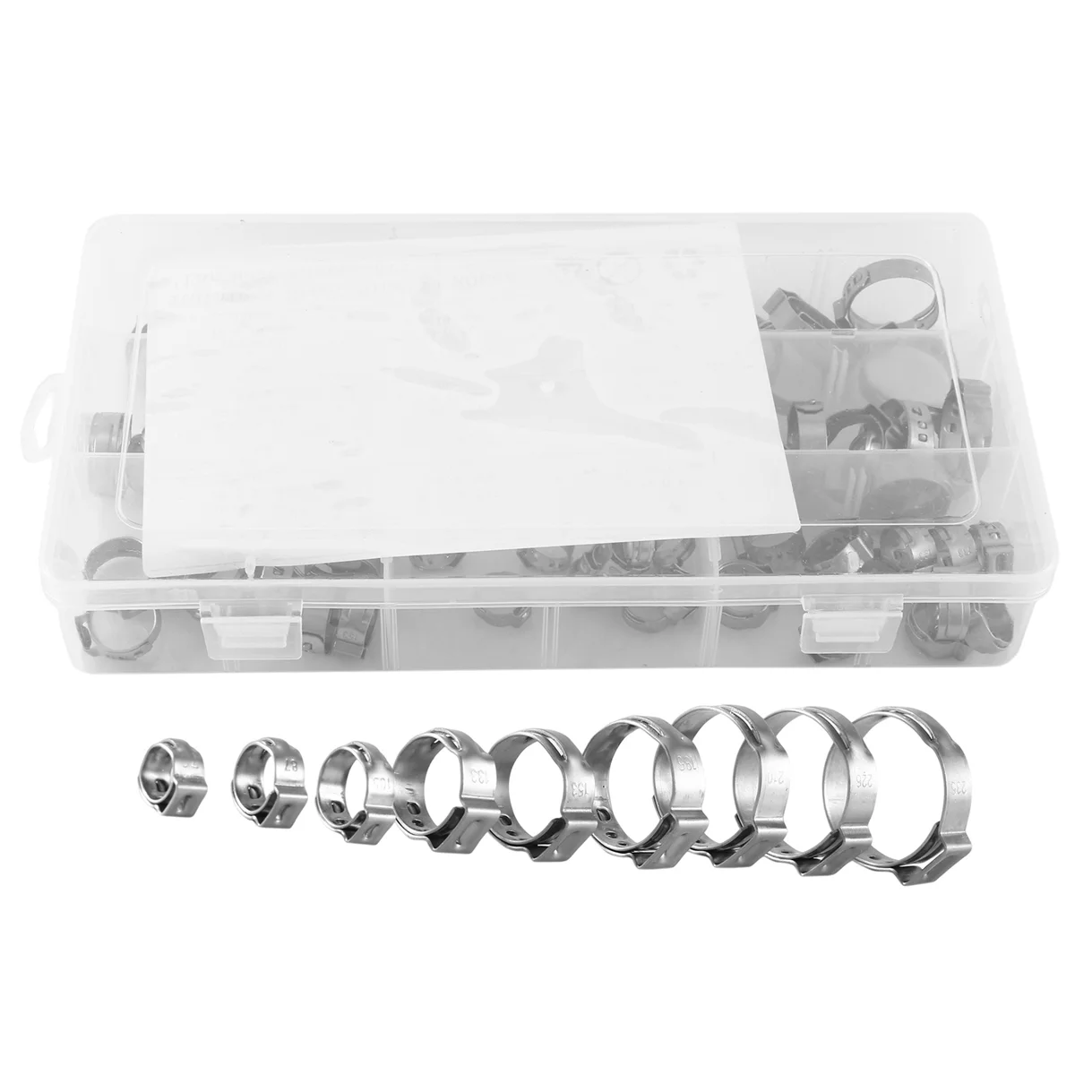 Stainless Steel Single Ear Hose Clamp, 80Pcs 6-23.6mm Crimp Hose Clamp Assortment Kit Ear Stepless Cinch Rings Crimp Pinch