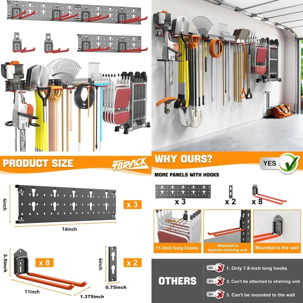 

TORACK Garden Tool Organizer Wall Mounted, Garage Folding Chair Storage Rack, Tools Rack for Shovels, Rakes, Broom, Ladders, Hoo