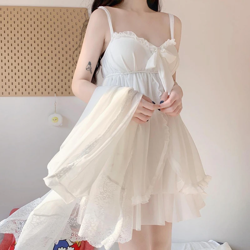 Robe Gown Sets Women Bow White Long Sleeve Sweet Sexy Girls Princess Solid Color Lace Mesh Fairy Spaghetti Strap Elegant Stylish