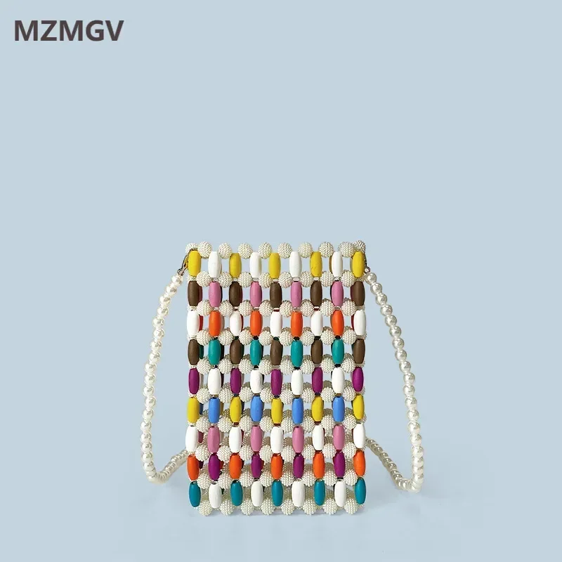 

Fashion Handmade Colorful Wooden Beaded Crossbody Bag Casual Vacation Style Women's Cute Mini Mobile Phone Bag Bolsa Feminina