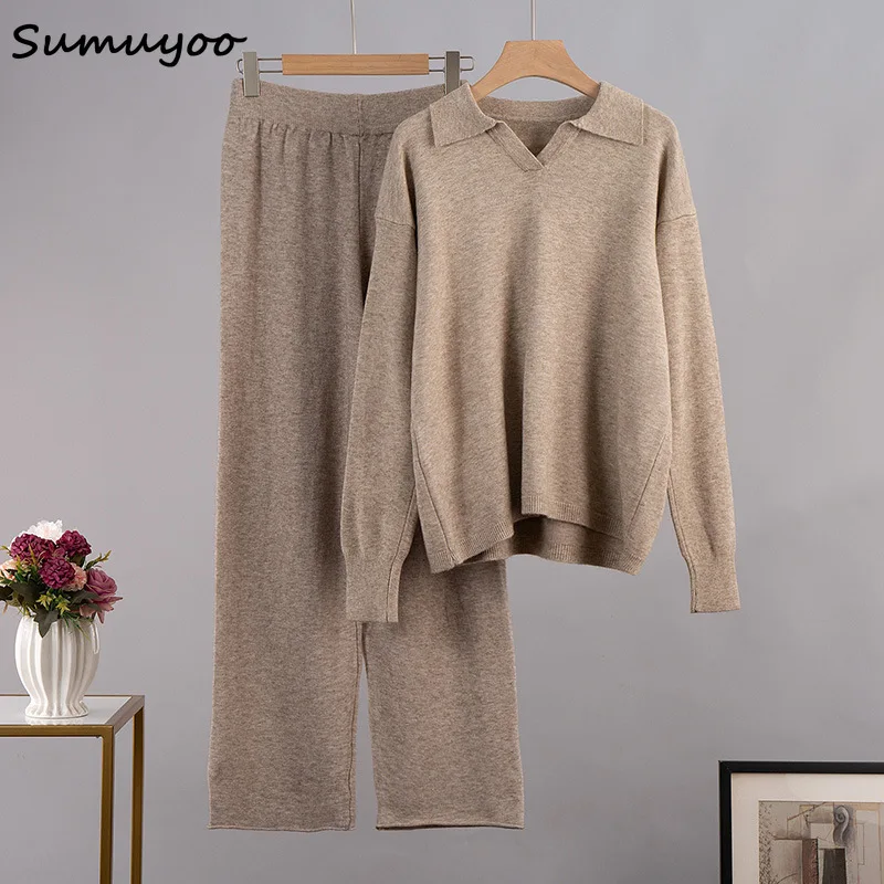 Sumuyoo Women Knitted Two Piece Tracksuit Autumn Winter Stylish Polo Neck Loose Sweater and Wide Leg Pants 2 Piece Set Outfit