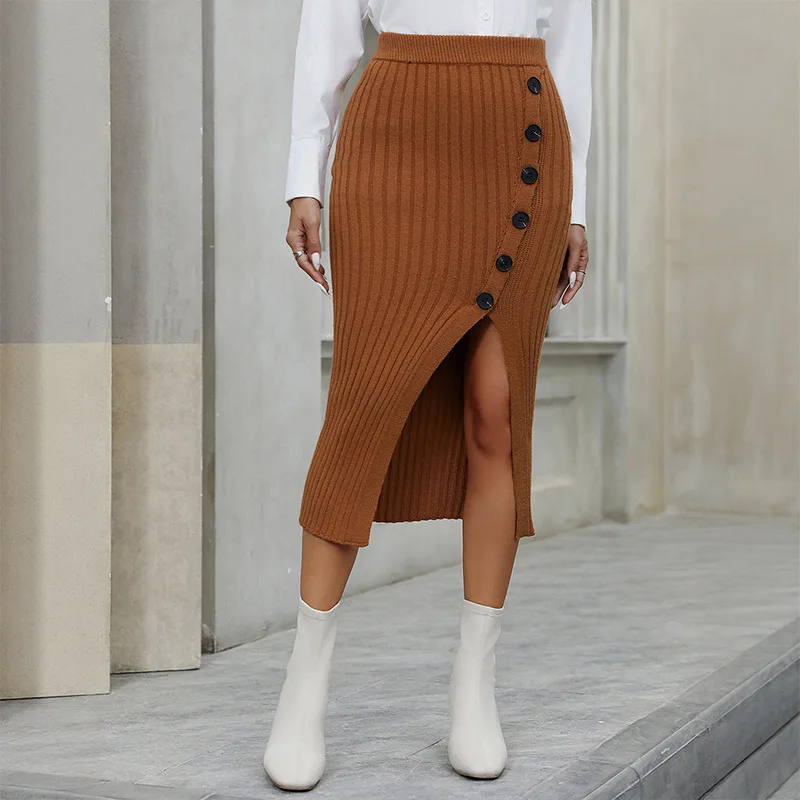 

Autumn and Winter Casual Knitted Hip Temperament Button Slit Wool Skirt