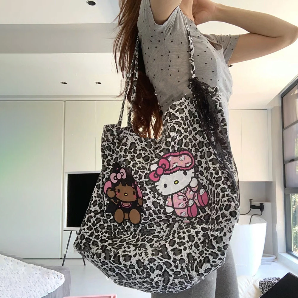 Hello Kitty Sanrio Y2K Leopard Tote Bag Anime Handbag Kawaii High-Capacity Shoulder Bag Cartoon Women Bags Axillary Pouch Gifts