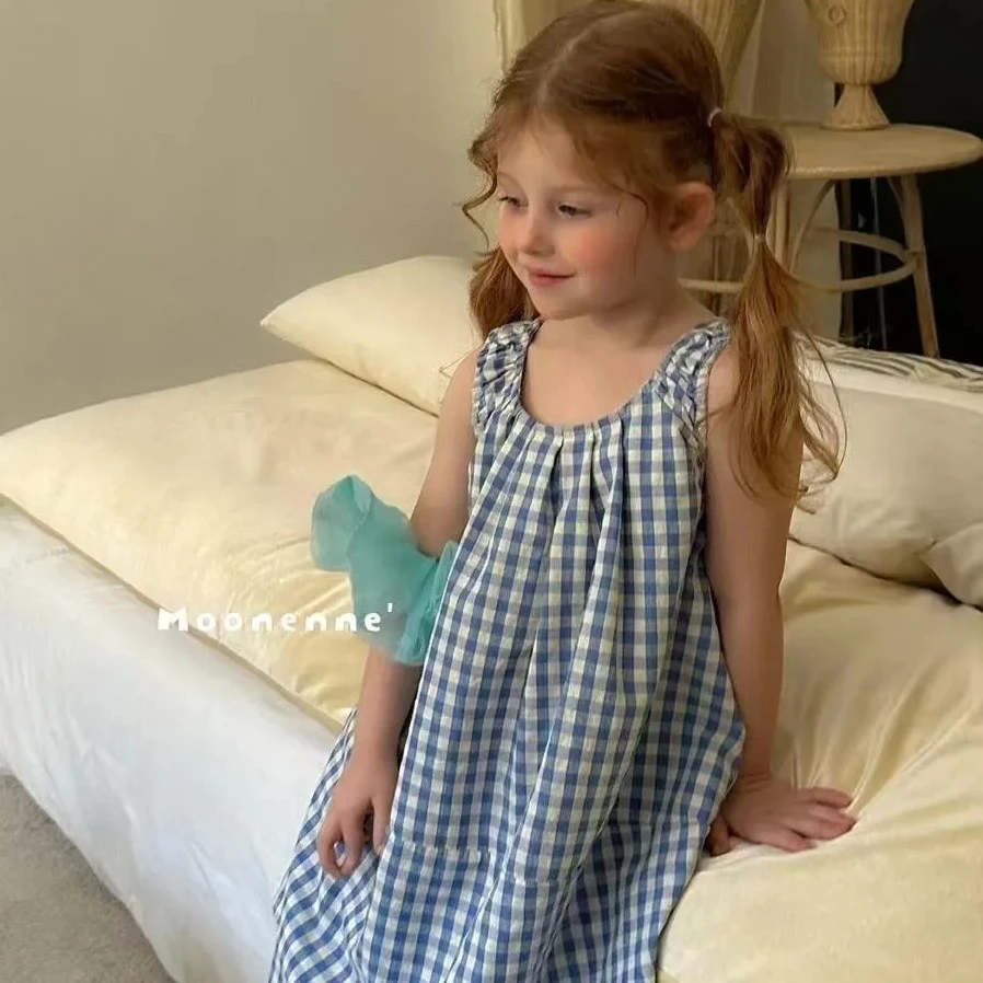 

Girls Sleeveless Dress 2025 Japanese Spring Summer Fresh Plaid Dress Girls Loose Tank Top Long Dress Trendy