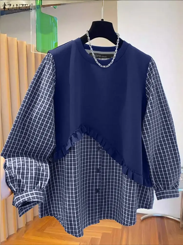 

ZANZEA Fashion Autumn Blouse Women Plaid Patchwork Tops Casual O Neck Long Sleeve Blouses Loose Pullover Elegant Work Shirt 2025