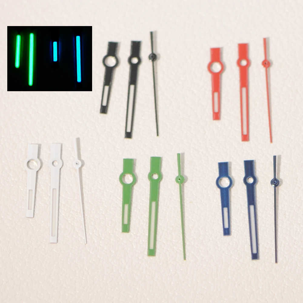Colorful Logbook Needles Nh35 NH36 C3 Blue Green Luminous Polished Hands 8*12*12.5mm Baton Style Datejust Hands Replacement