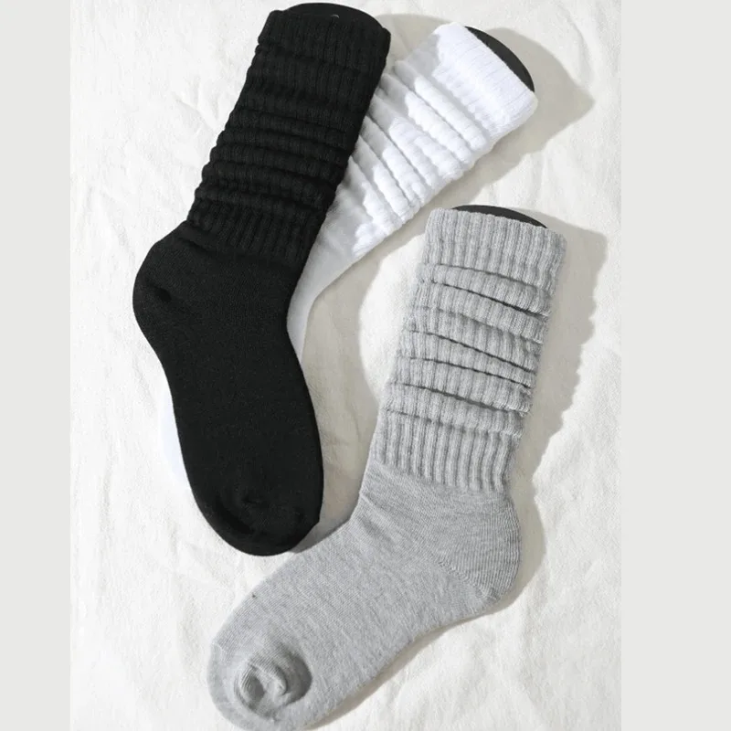 3 Pairs Women Pile Up Socks Fashionable Trendy Versatile White Solid Color Basic Socks Comfortable Breathable Mid Length Socks