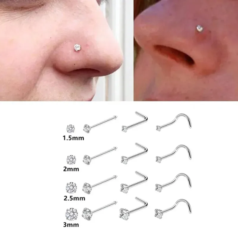 1PCS 크리스탈 코 링 스터드 세트 L 모양 스테인레스 스틸 트위스트 CZ 코 스터드 팩 1.5 2Mm 2.5Mm 코 링 세트 피어싱 Nez Lote