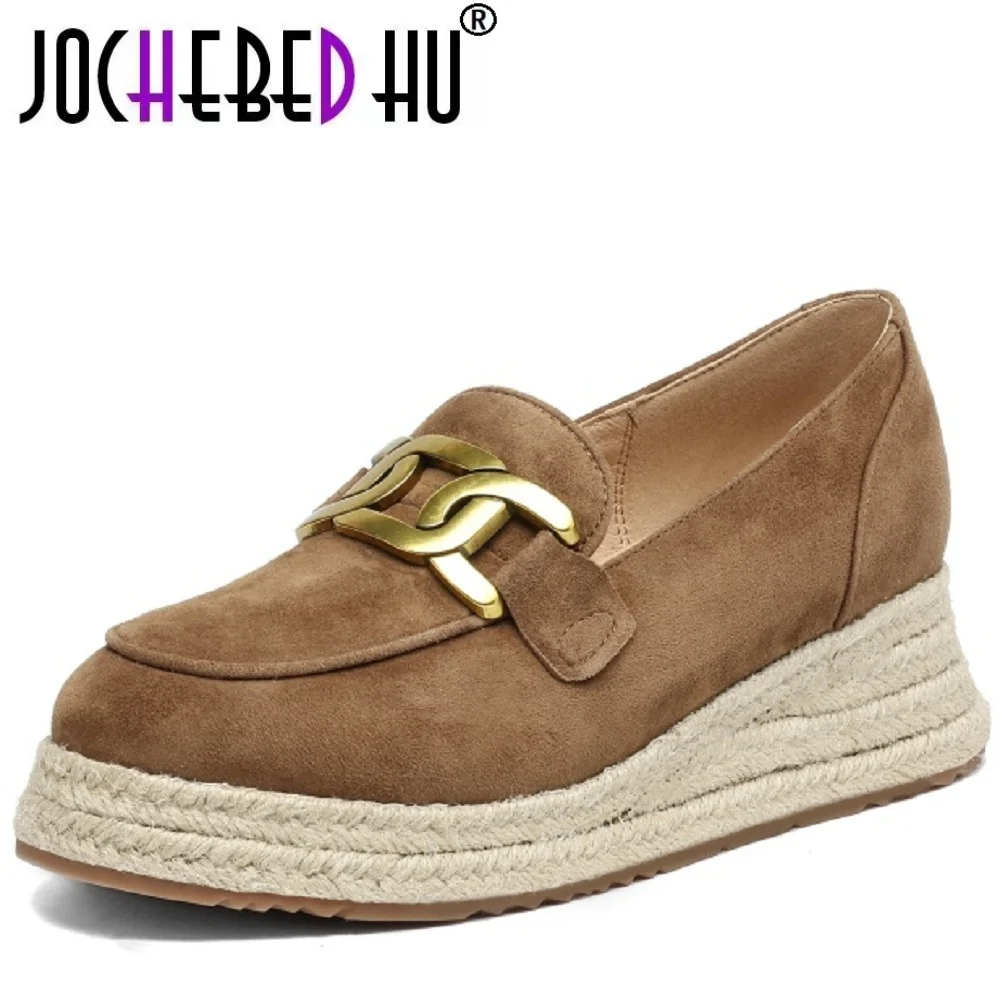 

【JOCHEBED HU】Handmade Genuine Leather Weave Loafers Women Med Wedges Heels Pumps Female Comfort Daily Shoes 34-40