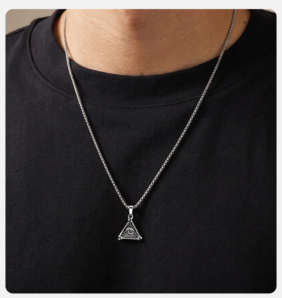 Vnox Geometrische Halskette mit Anhänger „Auge der Vorsehung“ im Dreieck, Vintage-Silberfarbene Punk-Kette, Schmuck für Männer, Glücksamulett-Geschenk – Detail 2
