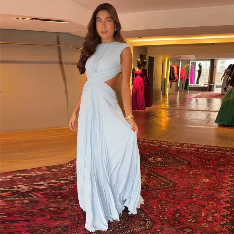 Elegantes plissiertes Damen-Maxikleid mit hohlem Rückenausschnitt, ärmellos, O-Ausschnitt, für Party und Urlaub, A-Linien-Kleider für Damen, Sommer 2026 Roben – Detail 14